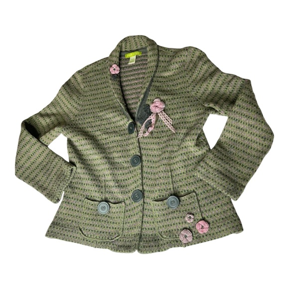 Sigrid Olsen  Wool Blend Cardigan Sweater Jacket VTG Green Pink Boho Whimsical - Picture 1 of 10